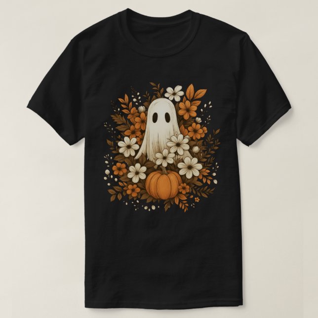 Camiseta Fantasma Adorable Con Calabaza y Flores de Otoño – (Diseño del anverso)