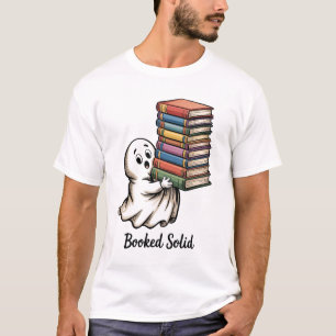 Camiseta Fantasma Adorable Sosteniendo una Alta Pila de Lib