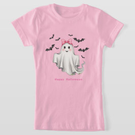 Camiseta Fantasma Chica amigable rosa con murciélagos volan