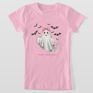 Camiseta Fantasma Chica amigable rosa con murciélagos volan