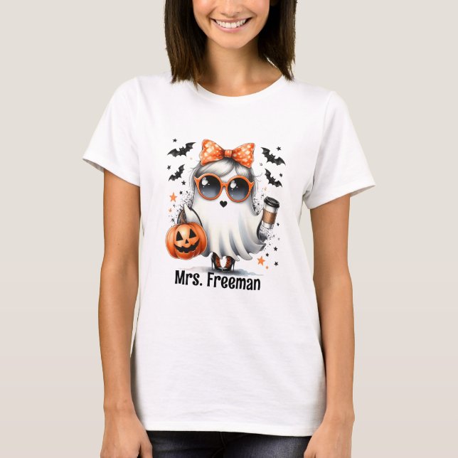 Camiseta Fantasma Chica de Halloween con café y calabaza (Anverso)