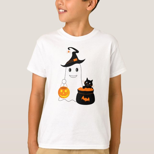 Camiseta Fantasma chiquita con gato negro celebra Halloween (Anverso)