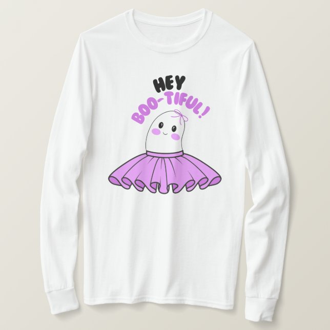 Camiseta ¡Fantasma con falda morada y Hey Boo-tiful! Hallow (Anverso del diseño)