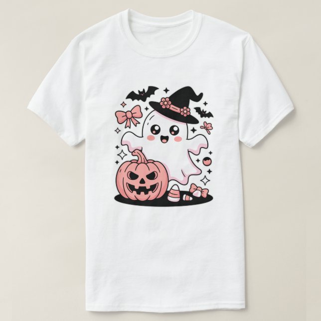 Camiseta Fantasma de bruja rosa de Kawaii con calabaza y ar (Diseño del anverso)