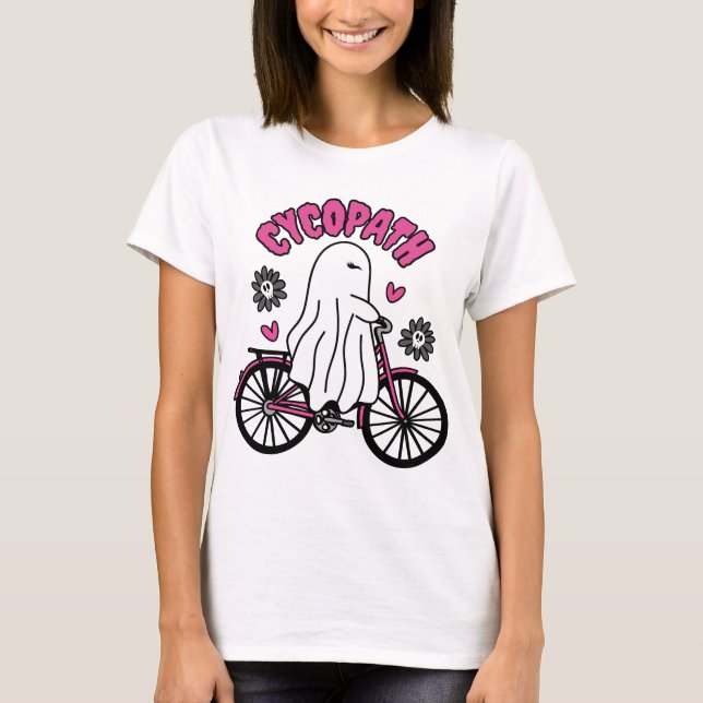 Camiseta Fantasma de Cycopath Halloween en bicicleta rosa (Anverso)