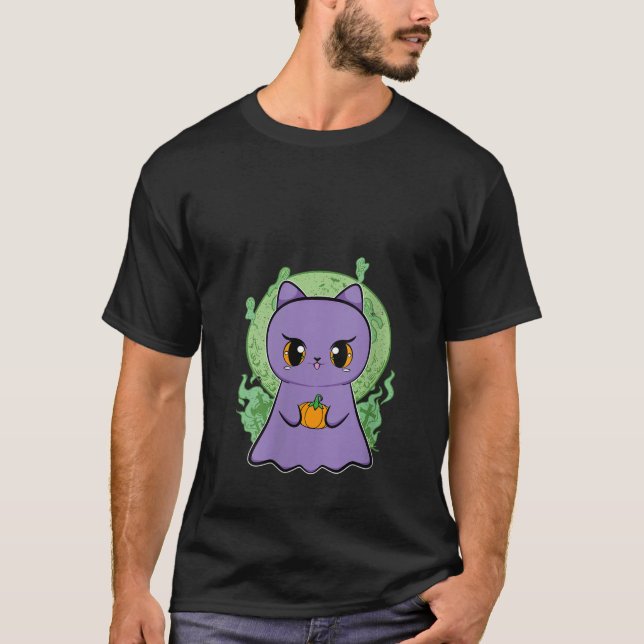 Camiseta Fantasma De Gato Negro De Anime Con Calabaza Para (Anverso)