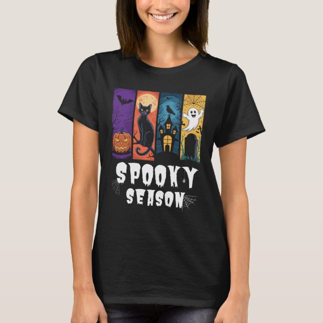 Camiseta Fantasma de gato negro de Halloween de temporada e (Anverso)
