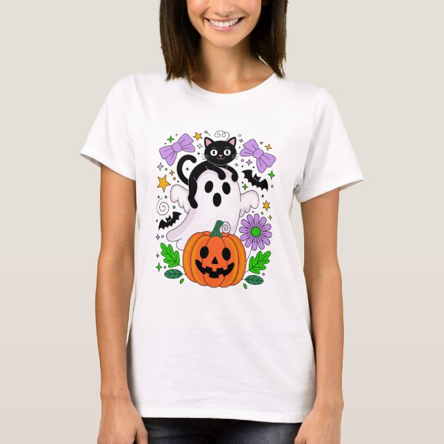 Camiseta Fantasma de gato negro de Halloween y arte de cala (Anverso)
