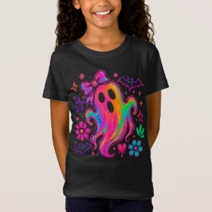 Camiseta Fantasma de Halloween arcoíris neón lindo con lazo