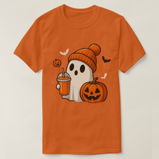 Camiseta Fantasma de Halloween con calabaza y bebida (Diseño del anverso)