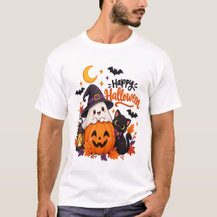Camiseta Fantasma de Halloween Feliz Lindo Calabaza Gato Ne