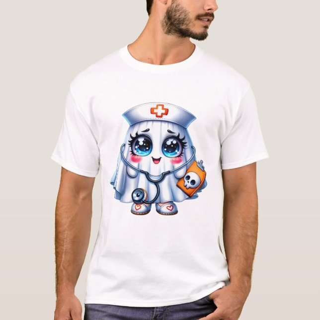 Camiseta Fantasma de Halloween lindo en uniforme de enferme (Anverso)