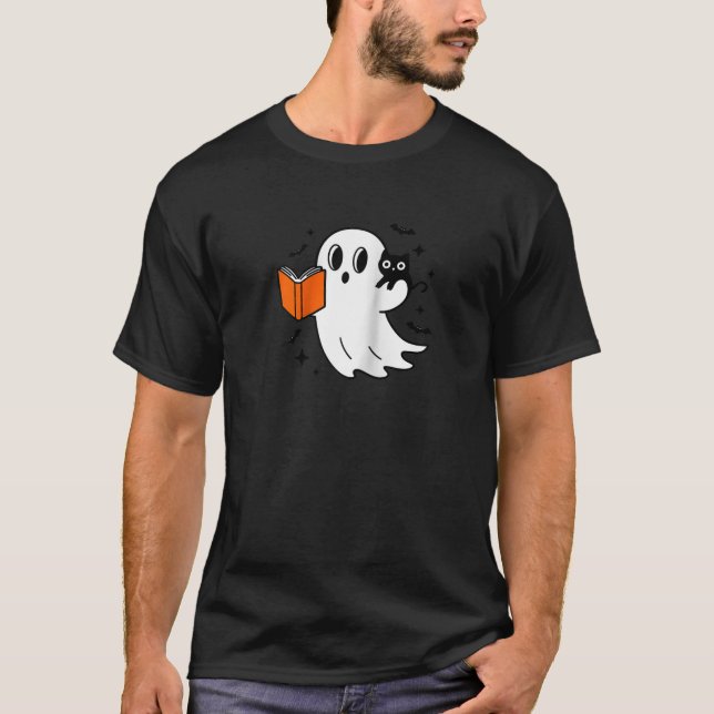Camiseta Fantasma de Halloween lindo leyendo un libro con g (Anverso)