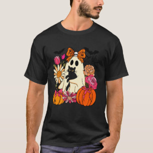 Camiseta Fantasma de Halloween Retro & Gato Calabaza Floral