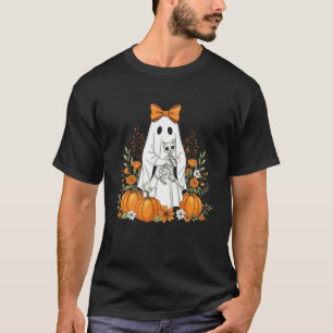 Camiseta Fantasma de Halloween y gato esquelético floral es