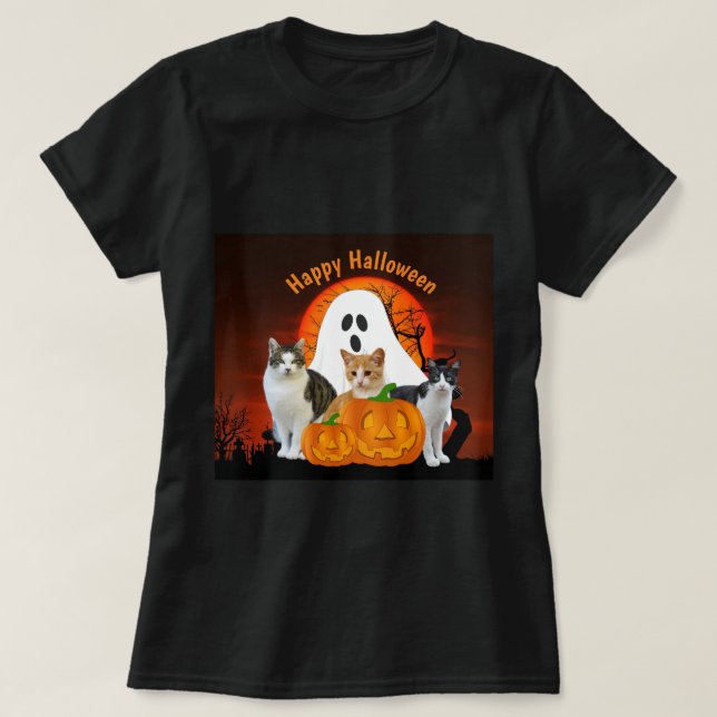 Camiseta Fantasma de Halloween y gatos en cementerio (Diseño del anverso)