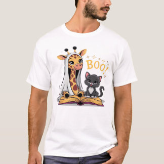 Camiseta Fantasma de jirafa linda con gato negro y Boo! Clá