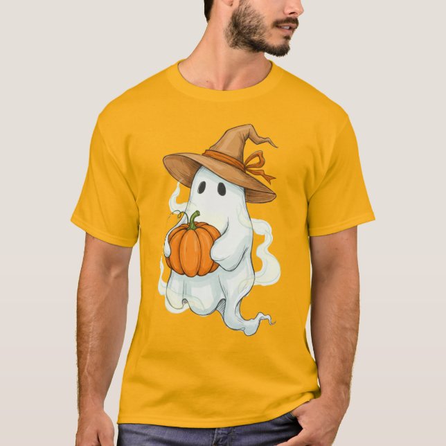 Camiseta Fantasma de otoño de Halloween con calabaza (Anverso)