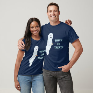 Camiseta Fantasma de trucos o árboles, con plato de golosin