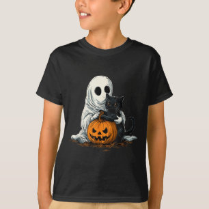 Camiseta Fantasma Divertido Con Gato Negro Y Jack O Lantern