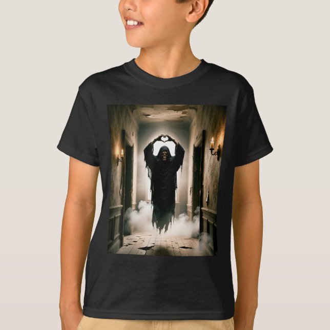 Camiseta Fantasma divertido manos corazón cara espantosa ha (Anverso)
