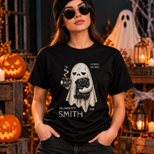 Camiseta Fantasma Gruñón Sosteniendo Perro Pug Negro Meh Ha