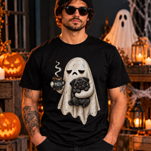 Camiseta Fantasma Gruñón Sosteniendo Perro Pug Negro Meh Ha