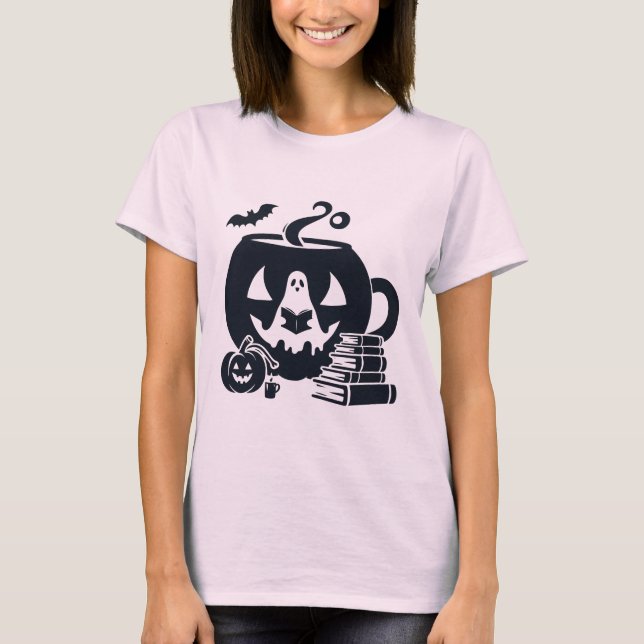Camiseta Fantasma Halloween leyendo con calabaza (Anverso)