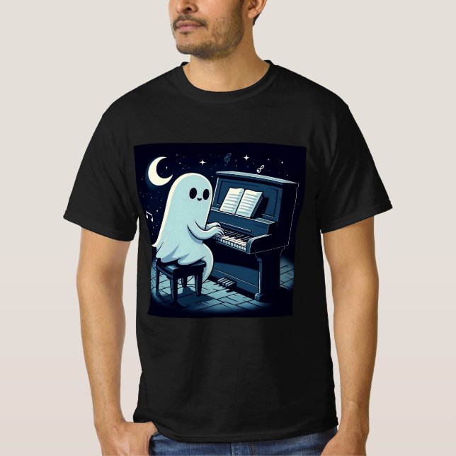 Camiseta Fantasma Halloween Tocando Piano Divertido (Anverso)