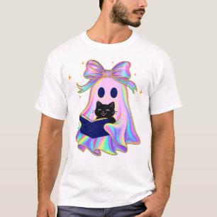 Camiseta Fantasma iridiscente con un libro y un gato negro
