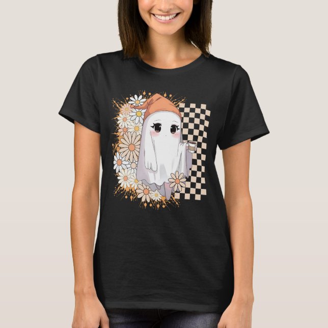 Camiseta Fantasma Kawaii con café y daisies - acogedor (Anverso)
