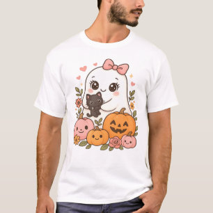 Camiseta Fantasma Kawaii Halloween Gato Negro Calabaza Otoñ