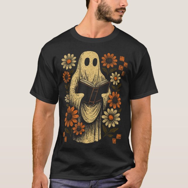 Camiseta Fantasma libro de lectura Halloween Floral Library (Anverso)