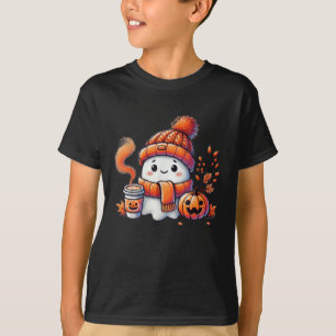 Camiseta Fantasma Lindo Bebiendo Café Halloween Fantasma Ca