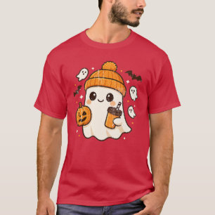Camiseta Fantasma Lindo Bebiendo Café Halloween Fantasma Ca