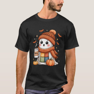 Camiseta Fantasma Lindo Bebiendo Café Halloween Patchwork G