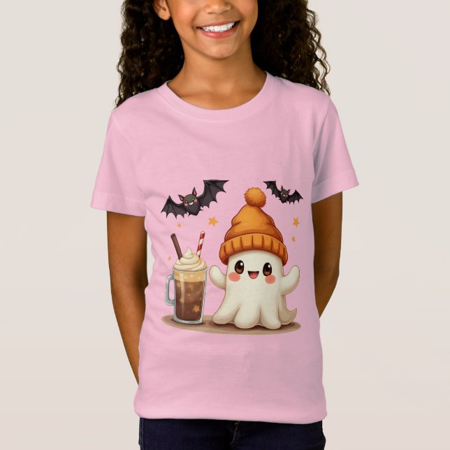 Camiseta Fantasma lindo con café y Bats Halloween (Anverso)