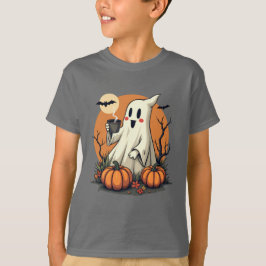 Camiseta Fantasma lindo con café y calabazas Halloween