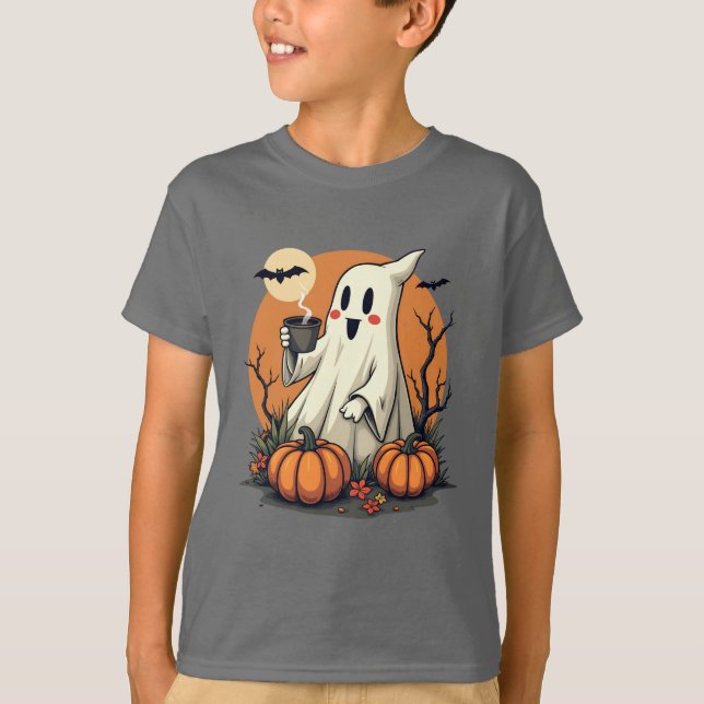 Camiseta Fantasma lindo con café y calabazas Halloween