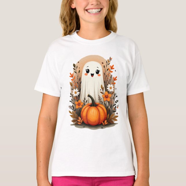 Camiseta Fantasma lindo con calabazas regalo de otoño de Ha (Anverso)