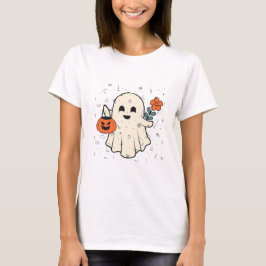 Camiseta Fantasma lindo con Halloween de flores y calabaza