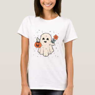 Camiseta Fantasma lindo con Halloween de flores y calabaza