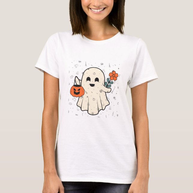 Camiseta Fantasma lindo con Halloween de flores y calabaza (Anverso)