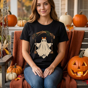 Camiseta fantasma lindo en columpio con lazo halloween muje
