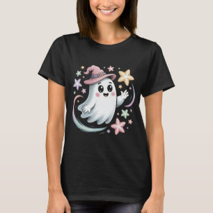 Camiseta Fantasma lindo en gorra de bruja rosa con estrella