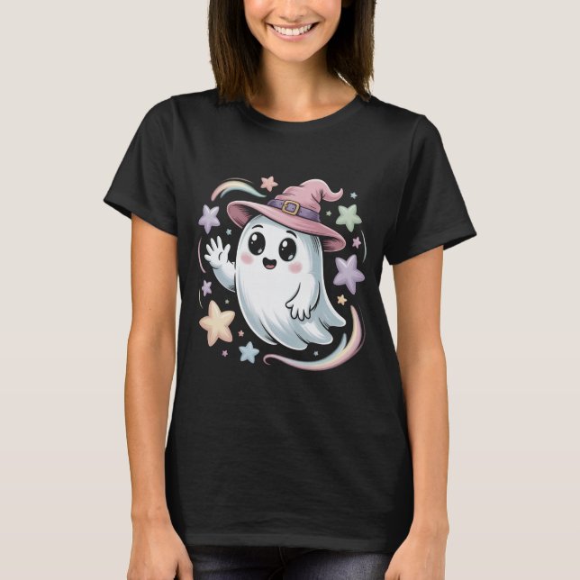 Camiseta Fantasma lindo en gorra de bruja rosa con estrella (Anverso)