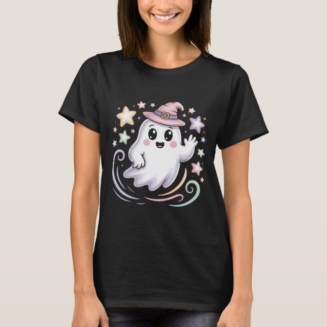 Camiseta Fantasma lindo en gorra de bruja rosa con estrella (Anverso)