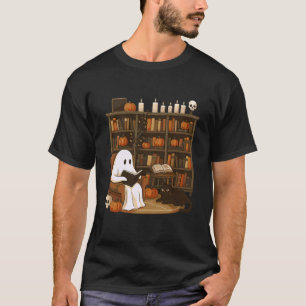Camiseta Fantasma Lindo Leyendo con Gato Negro Acogedor Hal