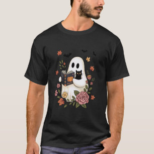 Camiseta Fantasma Lindo Leyendo Libro con Gato Negro en Oto