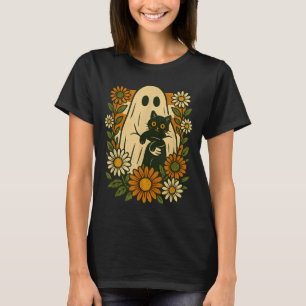 Camiseta Fantasma Lindo Sosteniendo Gato Negro Floral Diver